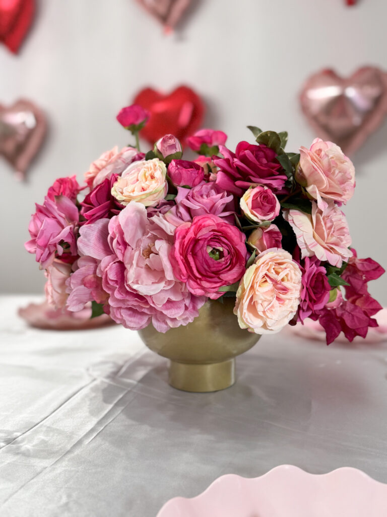valentines themed flower arrangement from Something Borrowed Blooms